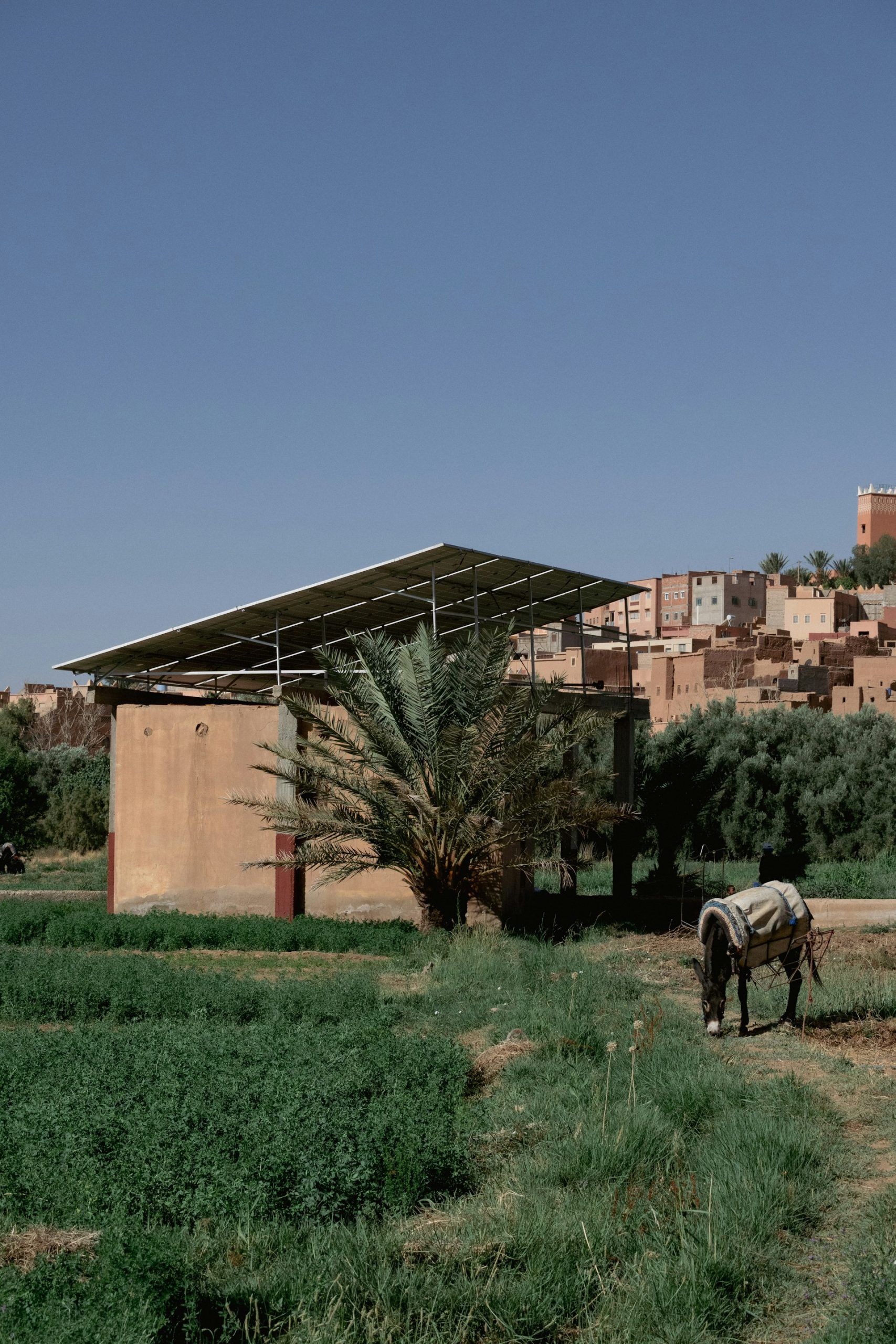 Solar panels mounted above a building in a rural landscape